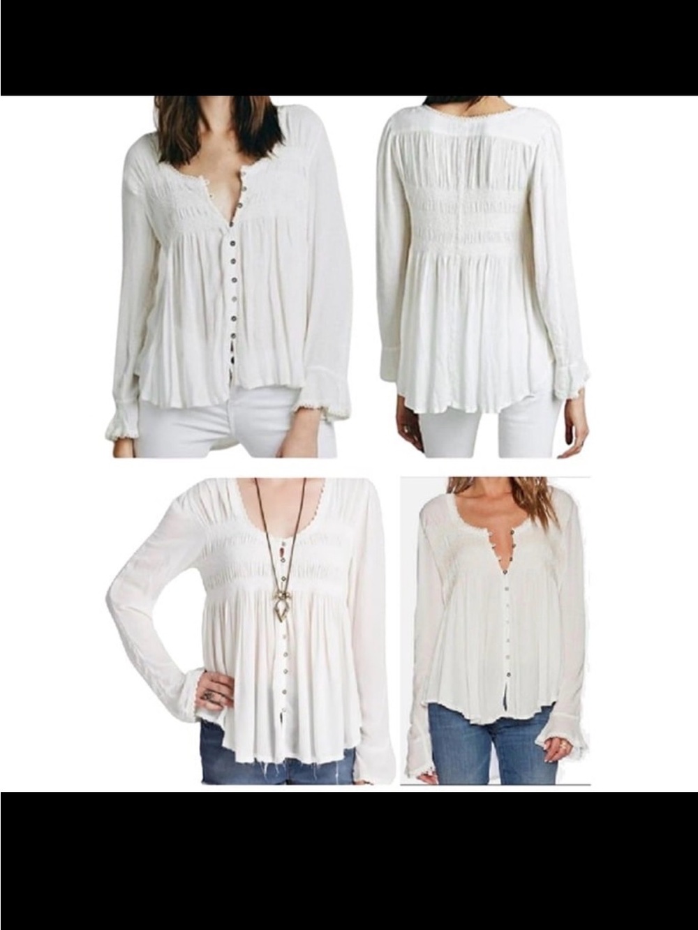 Free People Bluebird Smocked Boho Peasant Top - Picture 4 of 10